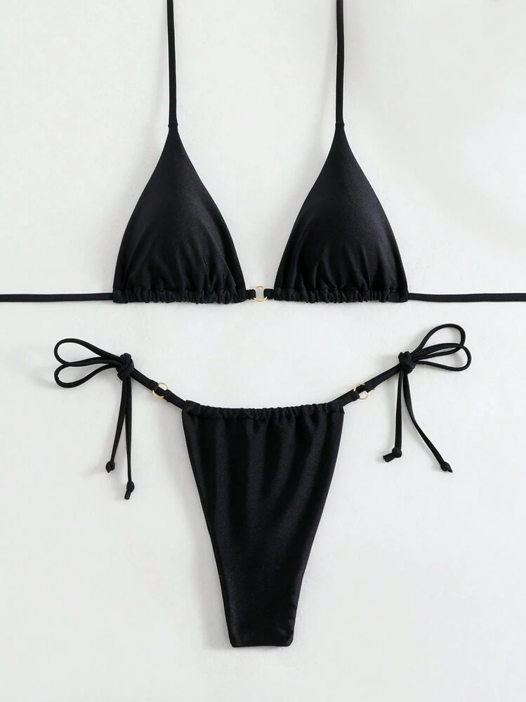   ビキニ　Sサイズ　ブラック Swim Basics レディース ソリッドカラー ストラップ サイド紐ビキニ