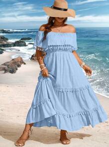 Breezaya 大码假日海滩纯色露肩流苏装饰长裙超长女装 - 藍色 - 查看 1