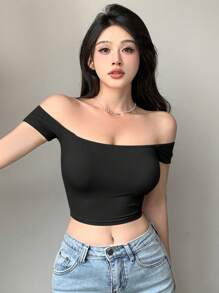 Dazy Designer Women's Green Off-Shoulder Bodycon T-Shirt Summer,Crop Tops Women,Off Shoulder Top