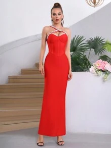 Modphy 淺藍色性感單肩鑽飾魚尾綁帶禮服，適合女性正式晚宴、婚禮、節慶、聖誕派對 - 紅色 - 查看 4