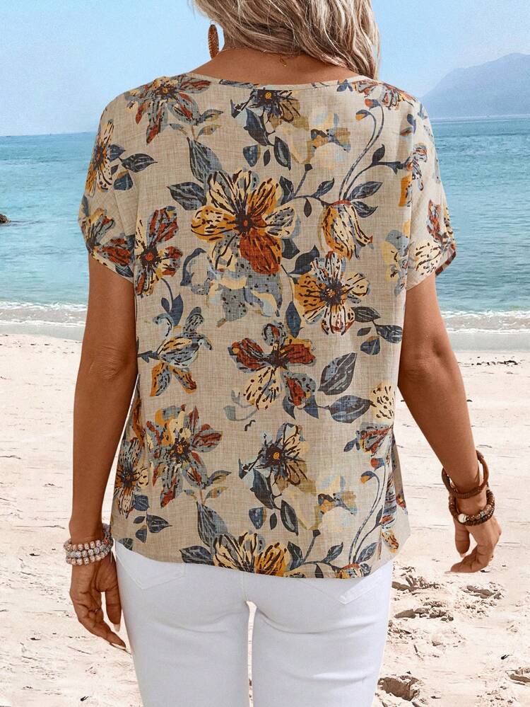 Women's Floral Print Batwing Sleeve Casual Vacation Shirt