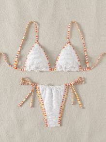 Swim Mod 女士海灘度假帶荷葉邊修飾條紋比基尼套裝 - 白色 - 查看 4