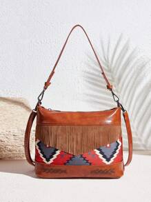 Twin Melody X SHEIN SHEIN VCAY Tassel & Geometric Design Shoulder Bag - Brown - View 2