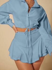 SHEIN SXY Váy ngắn viền bèo màu trơn, mùa hè - Màu xanh nhạt - Xem 5