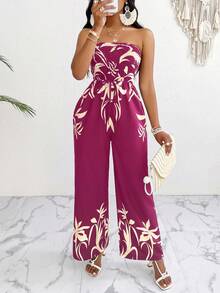 SHEIN Slayr 帶束帶和花卉葉子印花寬腿連身褲 - 玫紅色 - 查看 5