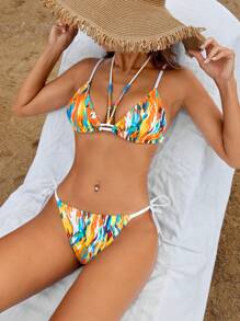 SHEIN Swim Conjunto de bikini sexy de cuello de halter con efecto tie-dye para mujeres, ideal para vacaciones, playa y verano