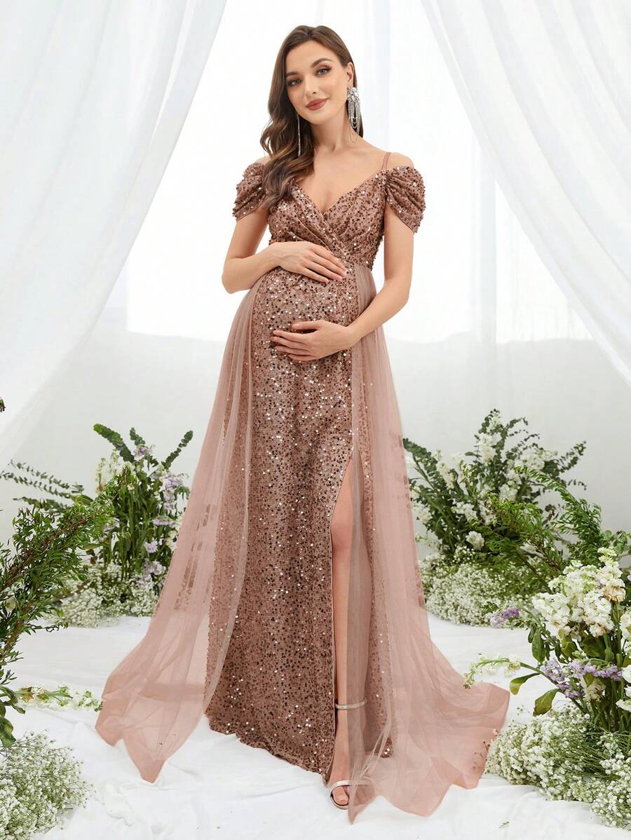 Pregnant Women Off-Shoulder Contrast Color Mesh Sequin Elegant Party Dress - Khaki - View 1