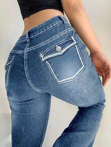 Pantalones De Mezclilla Acampanados Para Mujeres Con Costuras En Contraste Y Decoración De Hilados Gruesos - Azul lavado medio - Ver 4