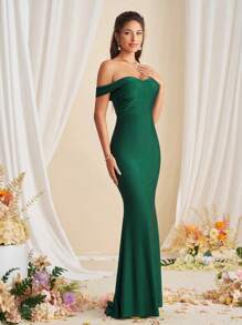 SHEIN Belle Elegante vestido de dama de honor sirena con cintura alta, de manga larga con hombros descubiertos y sin tirantes