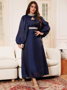Blue Long Sleeve Loose  Women Arab Thobe Dress With Shiny Glitter Rhinestone Hot Stamping Design - Navy Blue - View 4