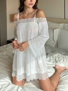 DAZY Mesh And Contrast Lace Sexy Lingerie Nightgown With Spaghetti Straps And Off-Shoulder Sleeves, For Summer