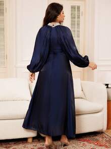 Blue Long Sleeve Loose  Women Arab Thobe Dress With Shiny Glitter Rhinestone Hot Stamping Design - Navy Blue - View 2