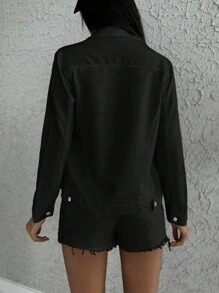 Cottnline Cazadora mezclilla con bolsillo con solapa con botón delantero - Negro - Ver 2
