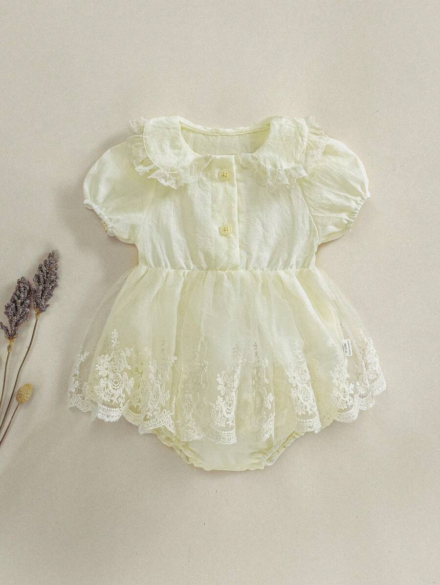 Bộ đồ liền thân tay ngắn thêu lưới cổ Peter Pan màu trơn cho bé gái mùa hè dễ thương - Màu be - Xem 1