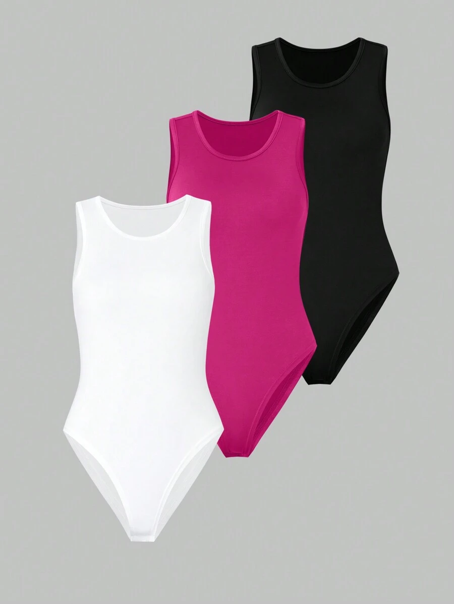 SHEIN LUNE 純色圓領無袖連體褲夏季三件套組