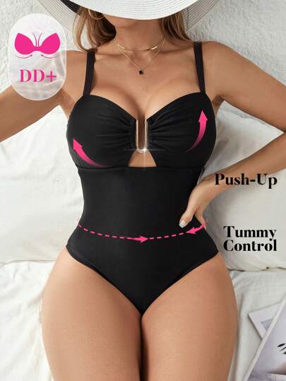 Swim DD+ 女士單色中空連肩帶泳衣，夏季海灘風情