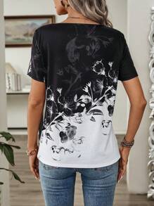 EMERY ROSE Ladies' Summer Asymmetrical Collar Flower Printed Short Sleeve Casual T-Shirt