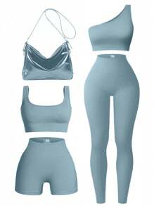 Eassivo Eassivo Conjunto de ropa deportiva de mujer acanalada para yoga, conjunto de mujeres para entrenamiento, conjunto de leggings de mujer, atuendo de mujer para gimnasio - Azul - Ver 3