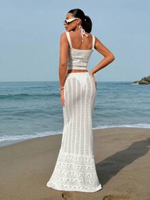 EURMUSE Women Vcay Crochet Knit Top And Skirt Cover-Up Set, For Summer Beach Vacation - Apricot - View 2