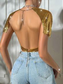 SHEIN Unity Áo crop top ngắn tay có họa tiết kim loại mùa hè dành cho nữ dành cho lễ hội âm nhạc - Vàng - Xem 6