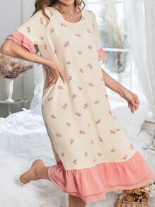 拼色双层荷叶边下摆短袖女士碎花睡裙睡衣长裙 - 彩色 - 查看 4