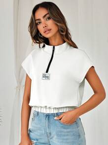 EURMUSE Letter Patched Half Zip Batwing Sleeve Sweatshirt - White - View 3