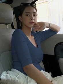 DAZY Áo thun ngắn tay cổ tròn màu trơn mùa hè dành cho nữ - Màu xanh hải quân - Xem 3