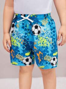 SHEIN Young Boy Loose Fit Casual Football Pattern Woven Swim Trunks - Blue - View 4