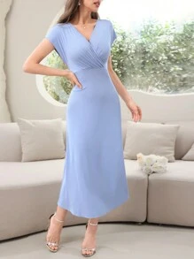 Modelyn Robe longue élégante d'été pour femme en couleur unie avec encolure en V superposé, manches courtes chauve-souris
