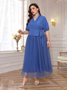Mulvari Plus Size Solid Color Wrap Cross V-Neck Pleated Elegant Summer Dress With Shawl Collar - Dusty Blue - View 3