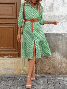 Breezaya Women Summer Floral Print Lantern Sleeve Shirt Dress With Ruffle Hem, Vacation Style