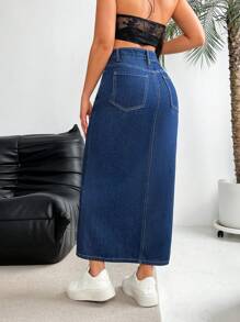 EMERY ROSE Women's Casual Denim Midi Skirt With Slit, Daily Wear