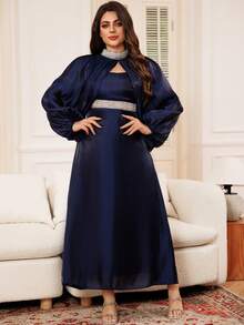 Blue Long Sleeve Loose  Women Arab Thobe Dress With Shiny Glitter Rhinestone Hot Stamping Design - Navy Blue - View 6