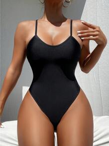 SHEIN X Sofía Suescun Swim SXY 女士夏季海灘純色背心無袖連體泳衣 - 黑色 - 查看 2
