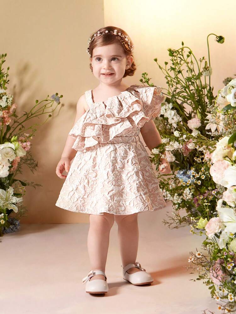 Baby Girl Gorgeous Elegant Textured Layered Ruffle Trim Top And Elastic Waist Skirt Set, Suitable For Summer