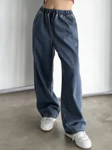 DAZY 女式松紧腰阔腿宽松休闲牛仔裤，带口袋，宽松牛仔裤