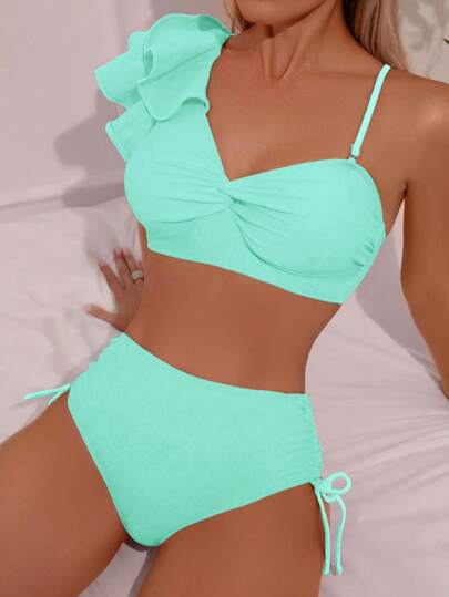 SHEIN Swim Conjunto de bikini con unicolor y empalmado con volantes, conjunto de bikini con nudo y separado para vacaciones, playa de verano