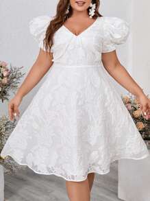 SHEIN Belle Plus Size Organza Burnt Flower Fabric Princess Bubble Sleeve Grab Pleated Deep V Neck A Swing Simple White Short Wedding Dress Cocktail Party Giveaway  Gowns