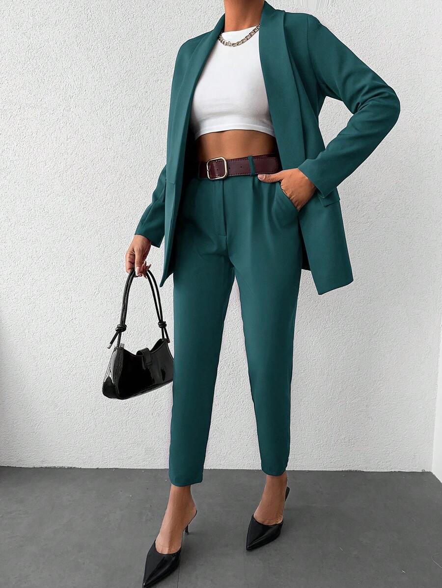 EURMUSE Lapel Collar Double-Breasted Suit Jacket And Pants Set - Dark Green - View 1
