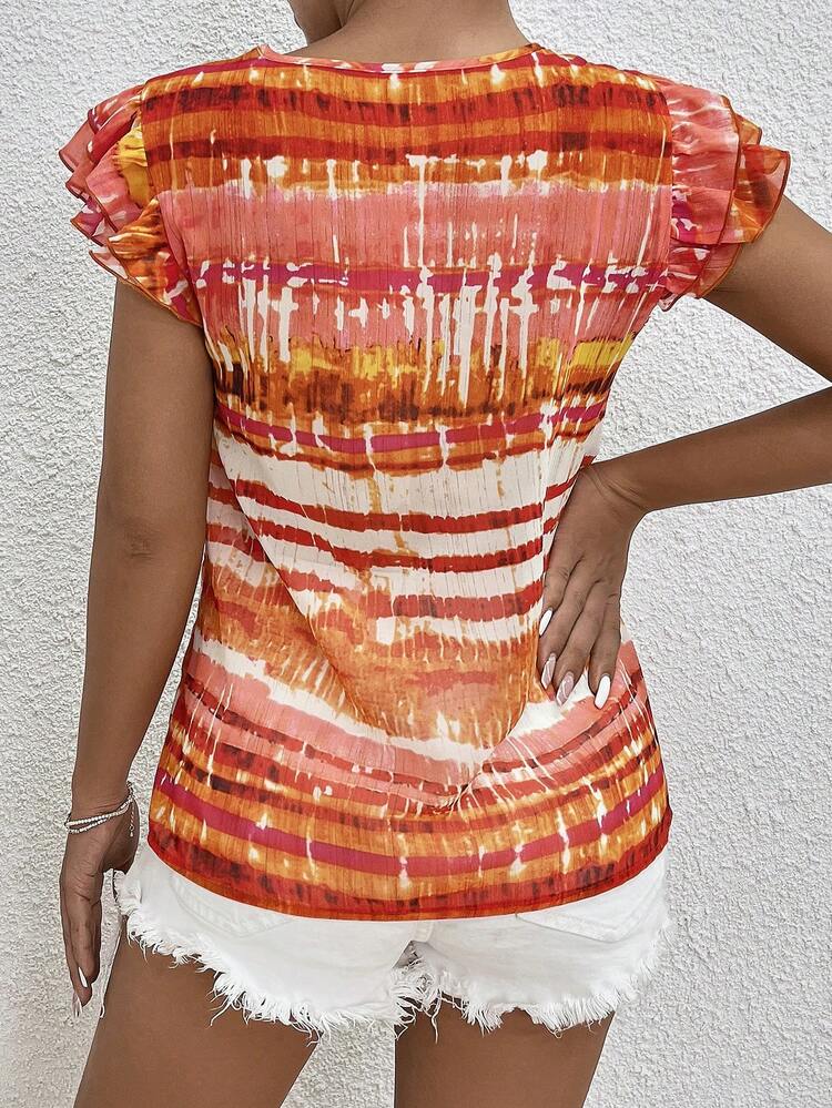 Women's Tie-Dye Printed V-Neck Cap Sleeve Casual Blouse With Bow Tie, Summer
