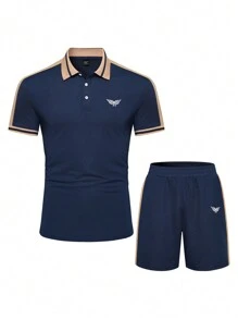 Manfinity Homme Men Color Block Button Half-Open Short Sleeve Polo Shirt And Shorts Summer Casual Suit