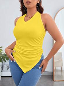SHEIN Privé Plus Size Summer Solid Color Ruched Asymmetrical Hem Halter Top - Yellow - View 3