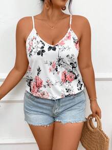 SHEIN Frenchy Summer Back V-Neck Flower Print Bow Tie Lace-Up Plus Size Boho Cami Top - Multicolor - View 2
