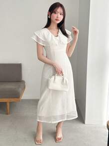 FRIFUL Women's Summer Elegant Solid Color Mid-Calf Length Dress With V-Neckline,Ruffle Maxi Dress - Beige - View 4
