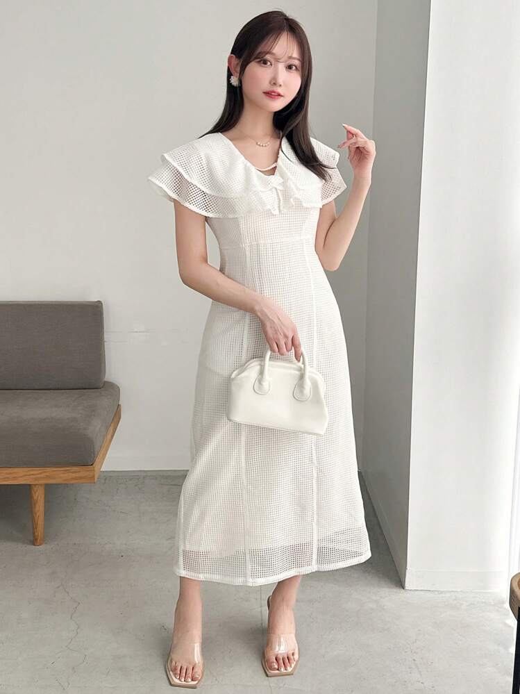 FRIFUL Women's Summer Elegant Solid Color Mid-Calf Length Dress With V-Neckline,Ruffle Maxi Dress - Beige - View 4