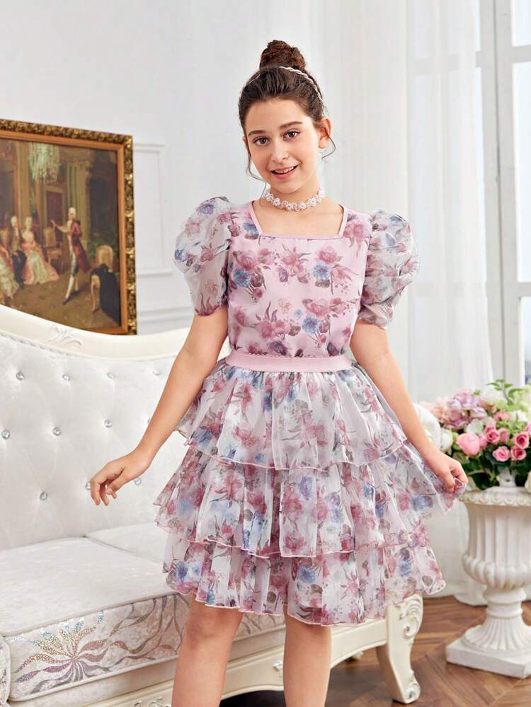 DRMZ Tween Girl Tween Girls' Backless Button-Up Shirt With Cap Sleeves And Tiered Mesh Skirt With Floral Print, 2pcs/Set