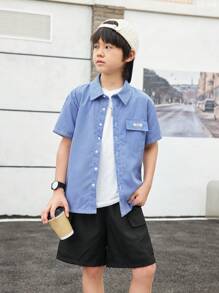SHEIN 2pcs/Set Tween Boy Casual Striped Shirt And Shorts, Korean Style, Summer - Black - View 4