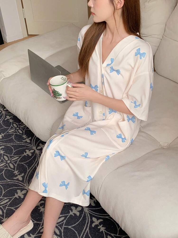 Bowknot Printed Open-Front Robe With Pockets, Loungewear Pajama