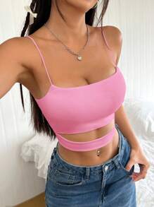 SHEIN EZwear Women's Summer Solid Color Hollow Out Slim Fit Cropped Camisole - Pink - View 4