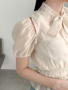 FRIFUL 女士夏季純色綁帶網紗短泡泡袖優雅上衣 - 杏色 - 查看 7